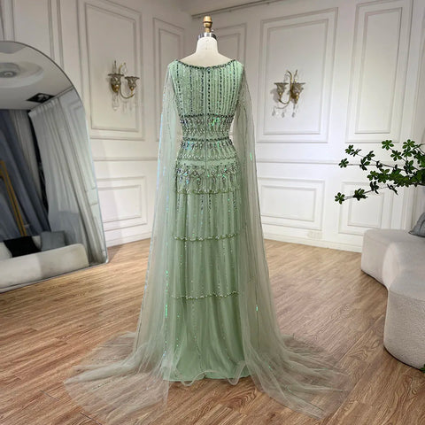 Arabic Sage Green  A-Line Beaded Luxury Dubai Long Evening Gown with Cape Sleeves for Women - Party 2025 LA72595