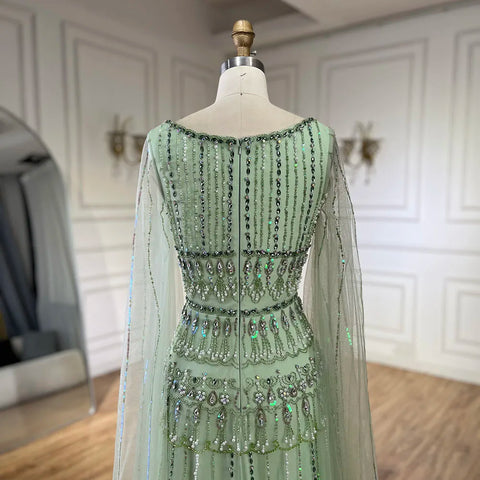 Arabic Sage Green  A-Line Beaded Luxury Dubai Long Evening Gown with Cape Sleeves for Women - Party 2025 LA72595