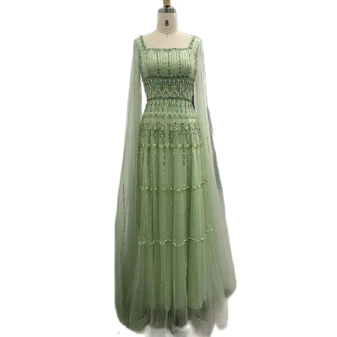 Arabic Sage Green  A-Line Beaded Luxury Dubai Long Evening Gown with Cape Sleeves for Women - Party 2025 LA72595