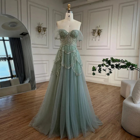 Arabic Sage Green A-Line Elegant Off The Shoulder Luxury Beaded Evening Dress for Women Wedding Party 2025 LA72605