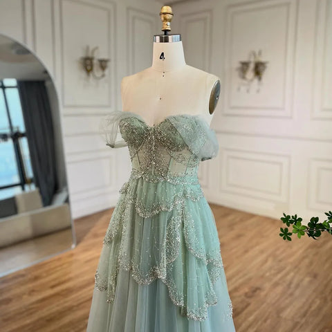 Arabic Sage Green A-Line Elegant Off The Shoulder Luxury Beaded Evening Dress for Women Wedding Party 2025 LA72605