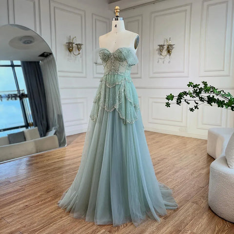 Arabic Sage Green A-Line Elegant Off The Shoulder Luxury Beaded Evening Dress for Women Wedding Party 2025 LA72605