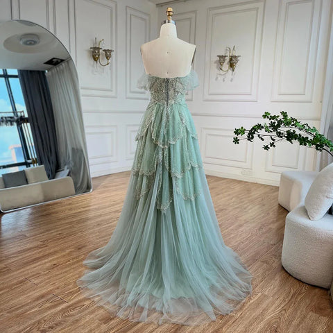 Arabic Sage Green A-Line Elegant Off The Shoulder Luxury Beaded Evening Dress for Women Wedding Party 2025 LA72605
