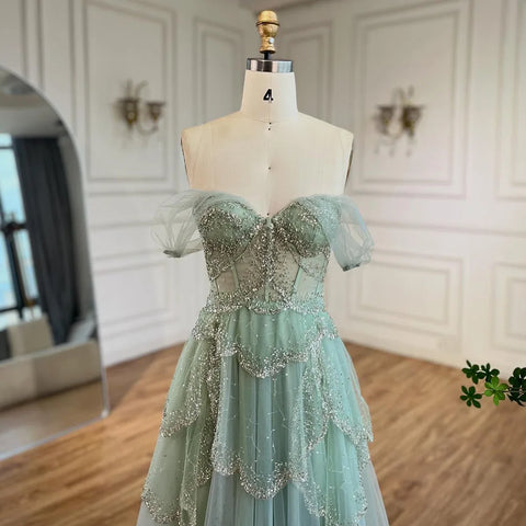 Arabic Sage Green A-Line Elegant Off The Shoulder Luxury Beaded Evening Dress for Women Wedding Party 2025 LA72605