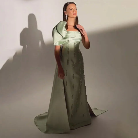 Arabic Sage Green One Shoulder with Cape Luxury Crystal Dubai Evening Dress Gowns for Women's Wedding Party LA72412