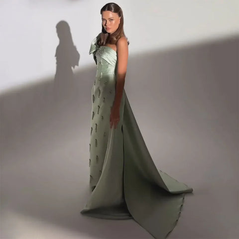 Arabic Sage Green One Shoulder with Cape Luxury Crystal Dubai Evening Dress Gowns for Women's Wedding Party LA72412