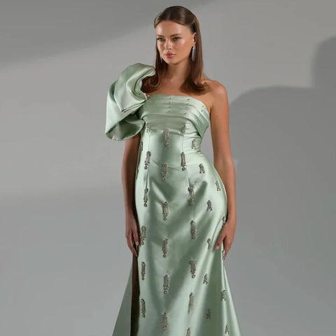 Arabic Sage Green One Shoulder with Cape Luxury Crystal Dubai Evening Dress Gowns for Women's Wedding Party LA72412