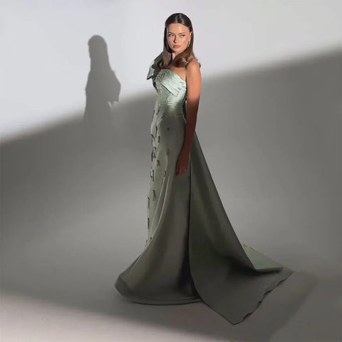 Arabic Sage Green One Shoulder with Cape Luxury Crystal Dubai Evening Dress Gowns for Women's Wedding Party LA72412