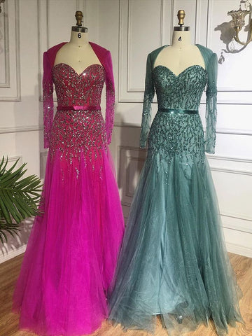 On Sale no return no refund Arabic Sexy Sweetheart Fuchsia A Line Long Sleeves Luxury Beaded Evening Dresses Gowns For Women Party 2025 LA71810