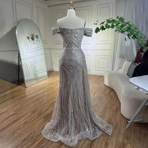 Silver Nude Mermaid High Split Beaded Luxury Evening Dress Gown LA72262