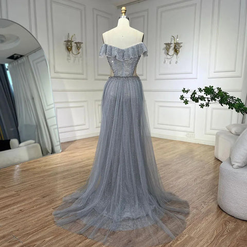 Vestidos de noche árabes plateados con cola desmontable, vestidos de sirena brillantes de lujo 2025 para fiestas de mujer, LA70813 