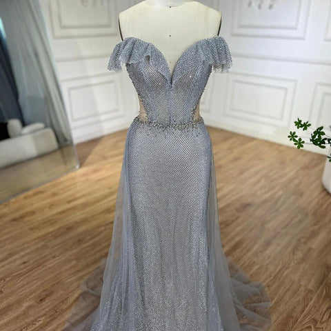 Vestidos de noche árabes plateados con cola desmontable, vestidos de sirena brillantes de lujo 2025 para fiestas de mujer, LA70813 