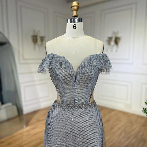 Vestidos de noche árabes plateados con cola desmontable, vestidos de sirena brillantes de lujo 2025 para fiestas de mujer, LA70813 