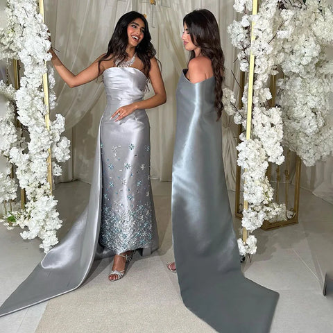 Arabic Silver Gray Mermaid Satin Strapless Luxury Beaded Evening Dresses Gowns 2025 For Women Wedding Party LA72349