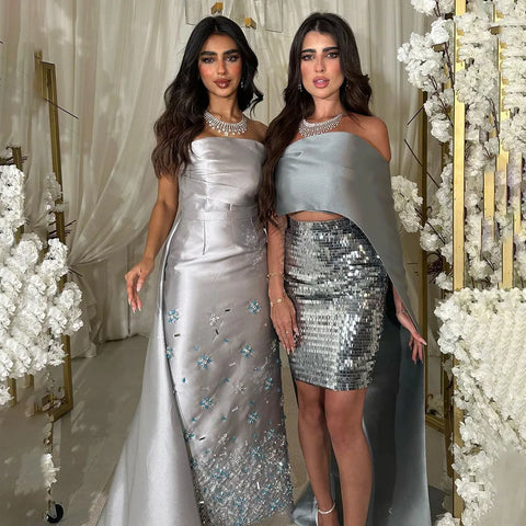 Arabic Silver Gray Mermaid Satin Strapless Luxury Beaded Evening Dresses Gowns 2025 For Women Wedding Party LA72349