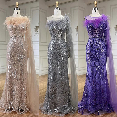 Vestido de noche largo de sirena, plateado, gris árabe, con un solo hombro y capa con cuentas, estilo capa, para mujer, ideal para bodas y fiestas (2025) LA72446 