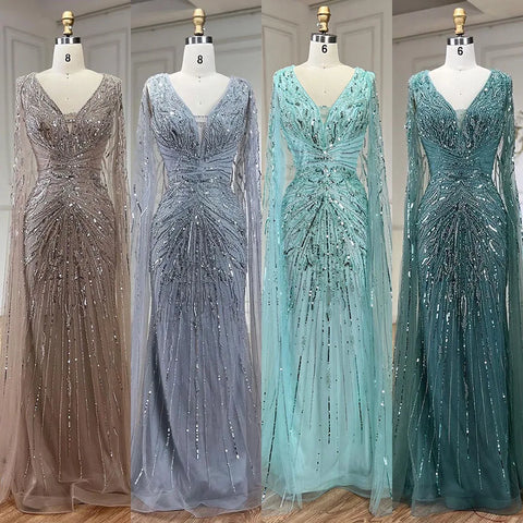 Luxury Dubai Turquoise Mermaid Evening Dresses with Cape V-Neck LA72239