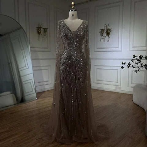 Luxury Dubai Turquoise Mermaid Evening Dresses with Cape V-Neck LA72239