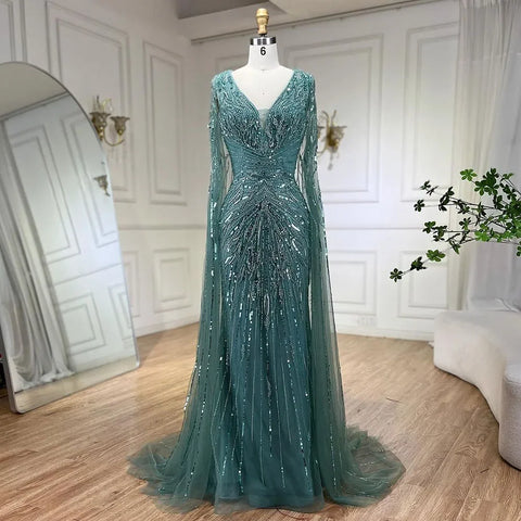 Luxury Dubai Turquoise Mermaid Evening Dresses with Cape V-Neck LA72239