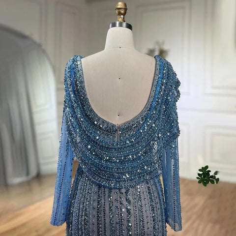 Arabic Silver Nude Beaded Elegant Mermaid Blue Luxury Dubai Evening Dresses Gowns for Women Party 2025 LA70752L