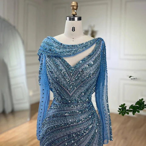 Arabic Silver Nude Beaded Elegant Mermaid Blue Luxury Dubai Evening Dresses Gowns for Women Party 2025 LA70752L