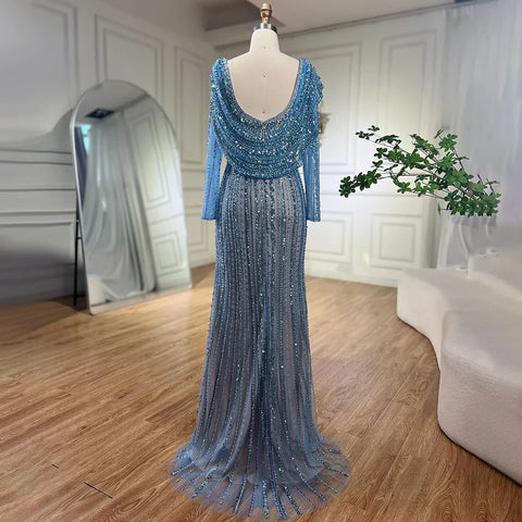 Arabic Silver Nude Beaded Elegant Mermaid Blue Luxury Dubai Evening Dresses Gowns for Women Party 2025 LA70752L