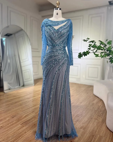 Arabic Silver Nude Beaded Elegant Mermaid Blue Luxury Dubai Evening Dresses Gowns for Women Party 2025 LA70752L