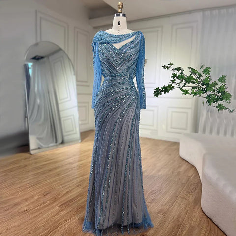 Arabic Silver Nude Beaded Elegant Mermaid Blue Luxury Dubai Evening Dresses Gowns for Women Party 2025 LA70752L