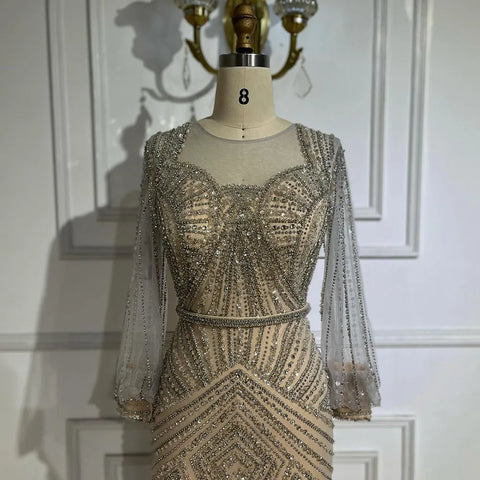 Arabic Silver Nude Elegant Mermaid Beaded Luxury Dubai Evening Dresses Gowns For Women Wedding Party 2025 LA72017