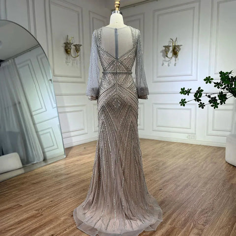 Arabic Silver Nude Elegant Mermaid Beaded Luxury Dubai Evening Dresses Gowns For Women Wedding Party 2025 LA72017