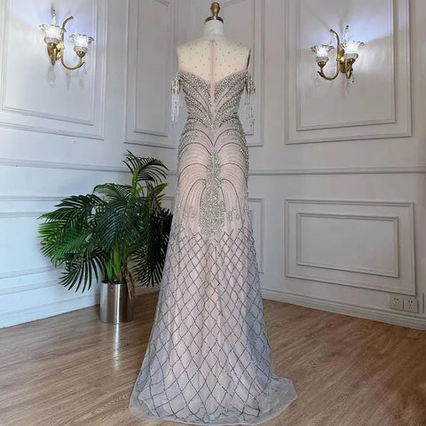 Vestidos de noche de lujo estilo sirena, color plata, nude, con borlas y cuentas, estilo árabe, ideales para fiestas y eventos en Dubái (2025) LA71906 