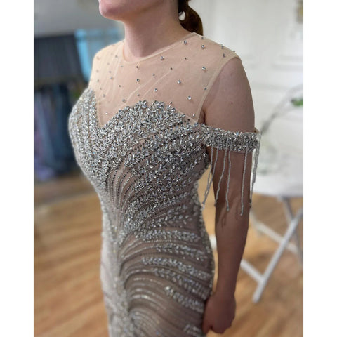 Vestidos de noche de lujo estilo sirena, color plata, nude, con borlas y cuentas, estilo árabe, ideales para fiestas y eventos en Dubái (2025) LA71906 