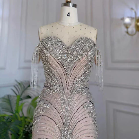 Vestidos de noche de lujo estilo sirena, color plata, nude, con borlas y cuentas, estilo árabe, ideales para fiestas y eventos en Dubái (2025) LA71906 