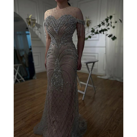 Vestidos de noche de lujo estilo sirena, color plata, nude, con borlas y cuentas, estilo árabe, ideales para fiestas y eventos en Dubái (2025) LA71906 