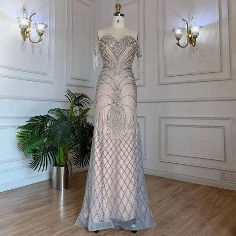 Vestidos de noche de lujo estilo sirena, color plata, nude, con borlas y cuentas, estilo árabe, ideales para fiestas y eventos en Dubái (2025) LA71906 