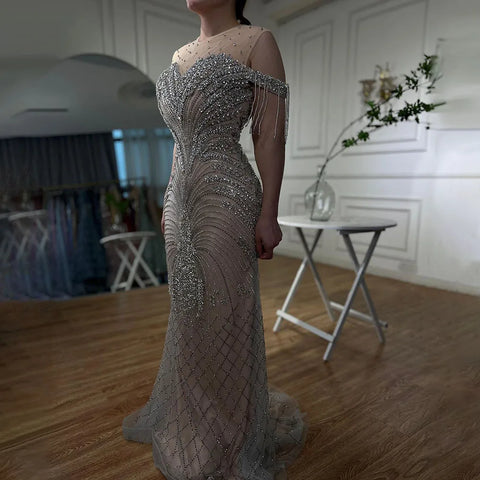 Vestidos de noche de lujo estilo sirena, color plata, nude, con borlas y cuentas, estilo árabe, ideales para fiestas y eventos en Dubái (2025) LA71906 