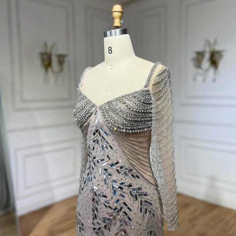 Robe de soirée élégante style sirène, couleur argent, couleur chair, luxueuse, perlée, style Dubaï, pour femme, tenue de mariage, 2025, LA72513 