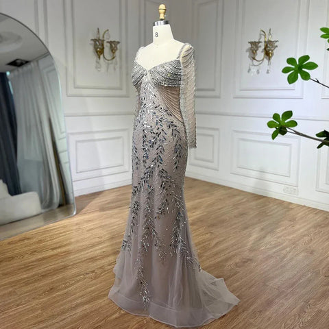 Robe de soirée élégante style sirène, couleur argent, couleur chair, luxueuse, perlée, style Dubaï, pour femme, tenue de mariage, 2025, LA72513 