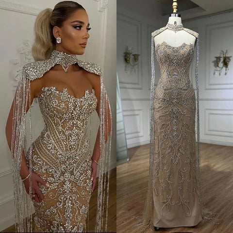 Arabic Nude Strapless Mermaid Tassel Beaded Luxury Evening Dress Gown LA72237