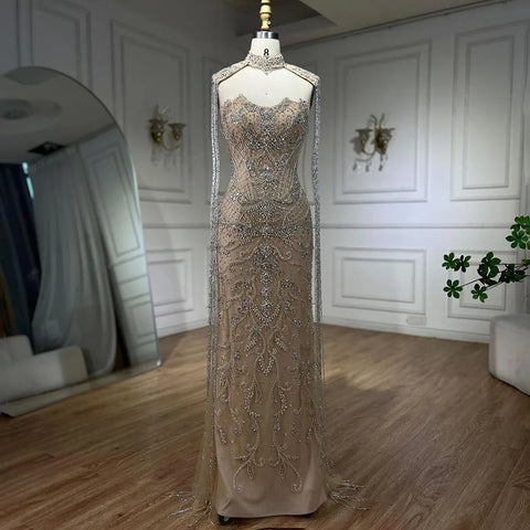 Arabic Nude Strapless Mermaid Tassel Beaded Luxury Evening Dress Gown LA72237