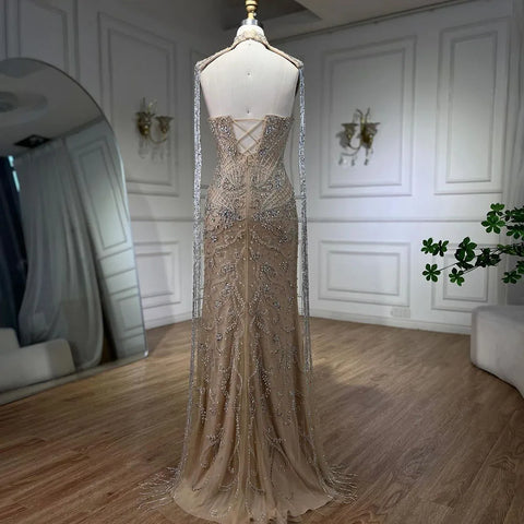 Arabic Nude Strapless Mermaid Tassel Beaded Luxury Evening Dress Gown LA72237