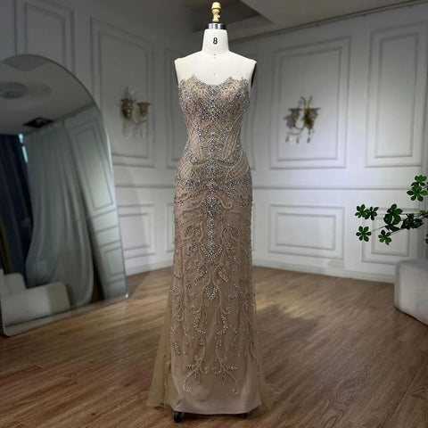 Arabic Nude Strapless Mermaid Tassel Beaded Luxury Evening Dress Gown LA72237