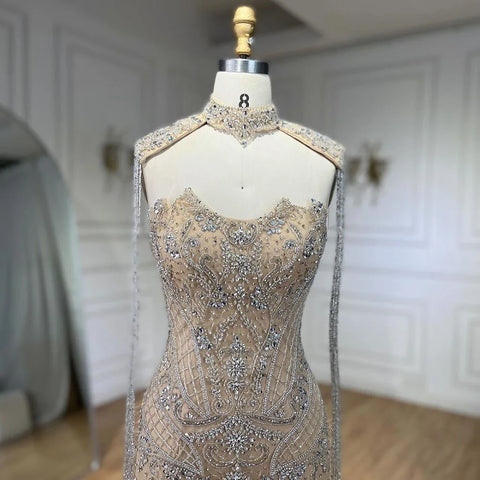 Arabic Nude Strapless Mermaid Tassel Beaded Luxury Evening Dress Gown LA72237
