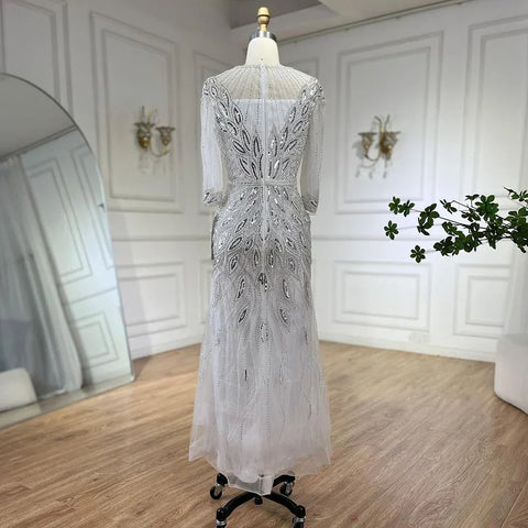 Arabic Silver White Luxury Beaded Dubai Ankle Length Evening Dresses Gowns for Women Wedding Party 2025 LA71999S