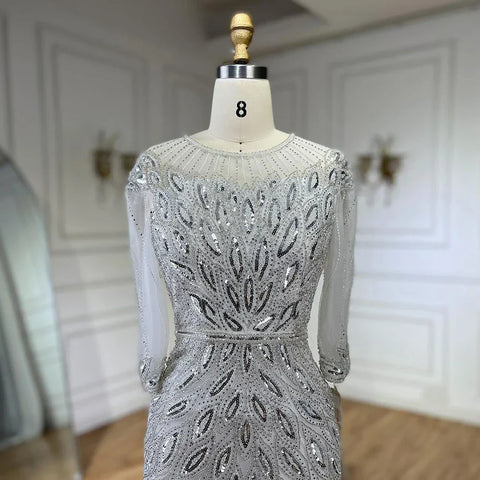 Arabic Silver White Luxury Beaded Dubai Ankle Length Evening Dresses Gowns for Women Wedding Party 2025 LA71999S