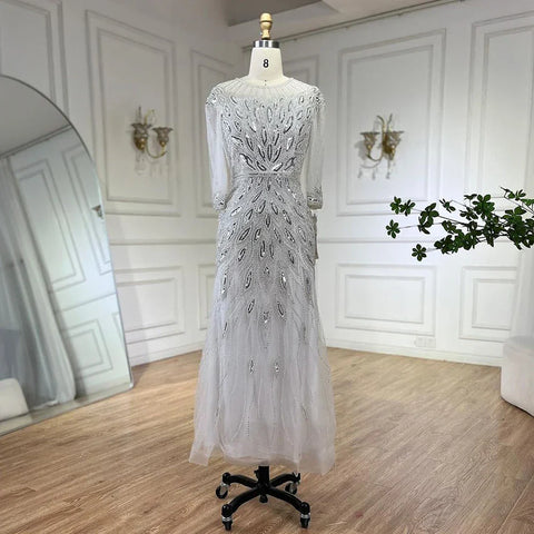Arabic Silver White Luxury Beaded Dubai Ankle Length Evening Dresses Gowns for Women Wedding Party 2025 LA71999S