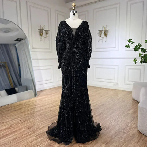 Vestidos de noche de lujo con cuentas negras estilo sirena Tiffny árabes, con diamantes, para mujer, ideales para bodas y fiestas (2025) LA72288A 