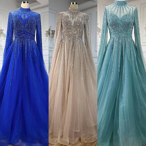 Vestidos de noche estilo Dubai, corte A, color turquesa árabe, con cuentas y mangas tipo capa, para mujer, ideales para bodas y fiestas (2025) LA72199 