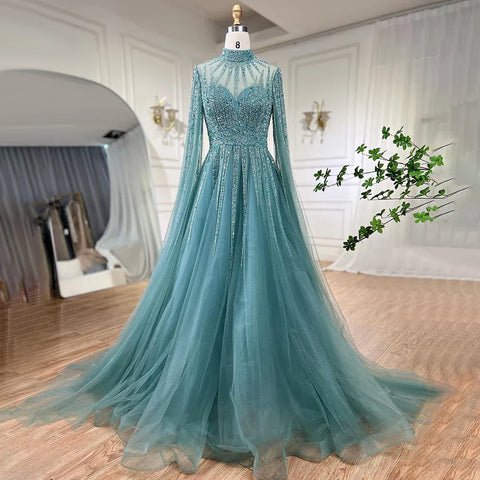Vestidos de noche estilo Dubai, corte A, color turquesa árabe, con cuentas y mangas tipo capa, para mujer, ideales para bodas y fiestas (2025) LA72199 
