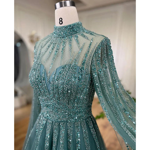 Vestidos de noche estilo Dubai, corte A, color turquesa árabe, con cuentas y mangas tipo capa, para mujer, ideales para bodas y fiestas (2025) LA72199 
